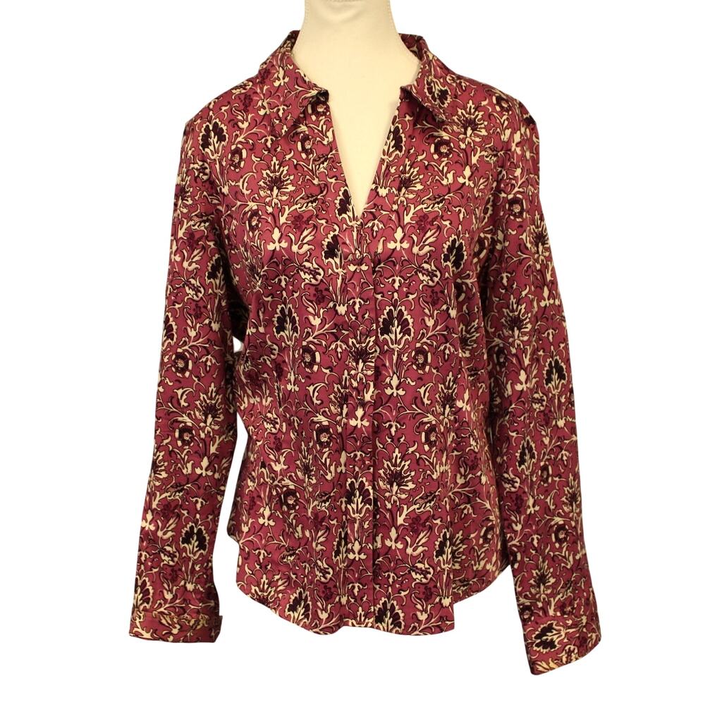 Talbots Haberdashery Button Shirt Womens Petite 16 Pink Paisley Stretch Cotton